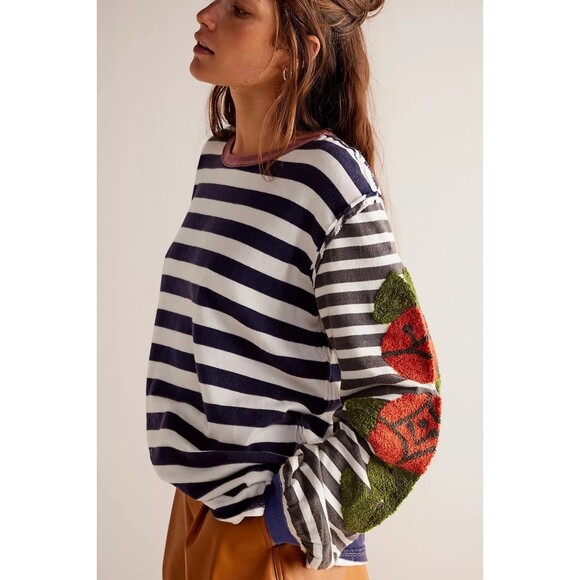 Free People We The Free Rose Stem Tee Tunic Top Embroidered Striped S NEW 283225 - Picture 1 of 8